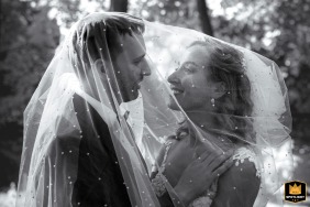 At the Pavillon de la Jamaïque in Montreal, a wedding photographer captures a serene image. Following their first look, the newlywed couple shares a private embrace under a backlit veil in a striking black-and-white image.
